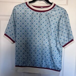 Blue Geometric Ringer Tee with Maroon Trim